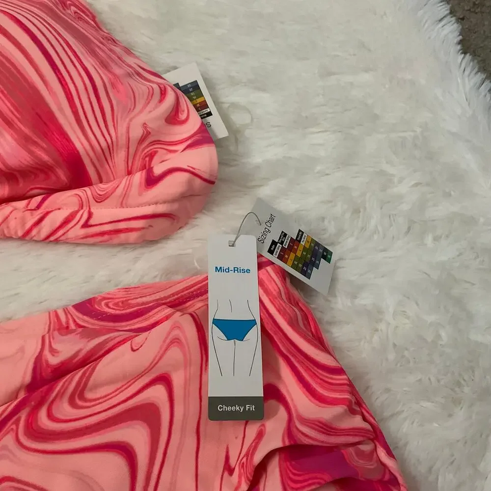 Time and Tru Mid Rise Cheeky Fit Pink Swirl/Marble Bikini - Size 2X NEW‎
